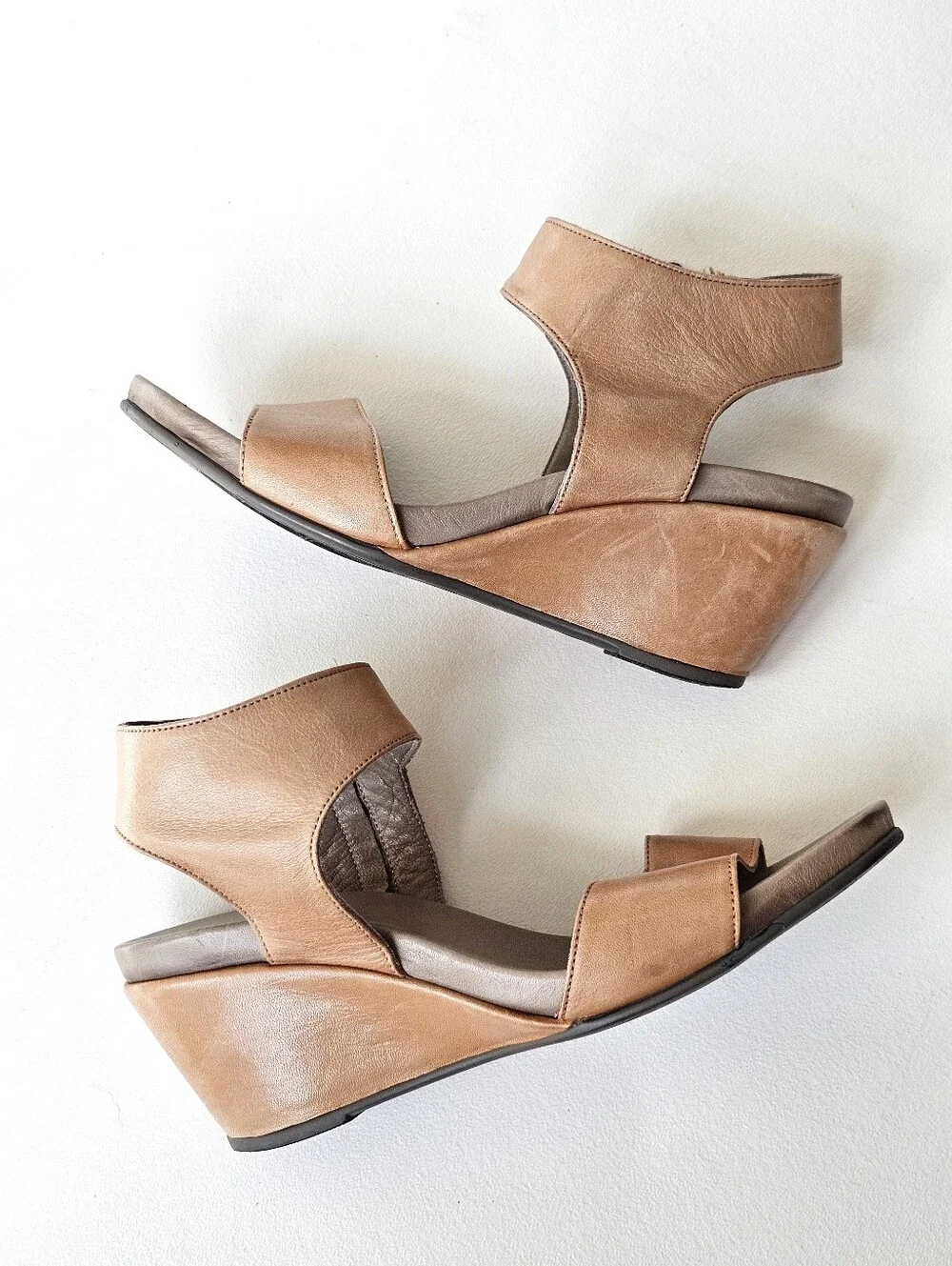 Ethem Italian Leather Wedge Sandals EU 37 Tan Ankle Zip Comfort Open Toe Shoes
